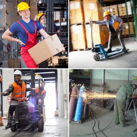 Four photos of workers doing unsafe things that grow ever more unhinged. In photo 1 a man has lifted a large box and is grimmacing while clutching his back. In photo 2 a man rides a pallet jack like a scooter. In photo 3 a man surfs on the front of a forklift. In photo 4 a man is welding or grinding and a shower of sparks sprays onto nearby compressed gas cylinders. The cylinder taking the direct hit is blue, indicating it probably contains a hazardous gas.