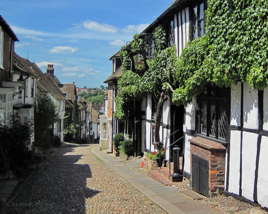 The Mermaid Inn

June 2011, Rye/East Sussex

Narrow cobblestone street lined with traditional half-timbered houses, some covered in green ivy, under a clear blue sky.