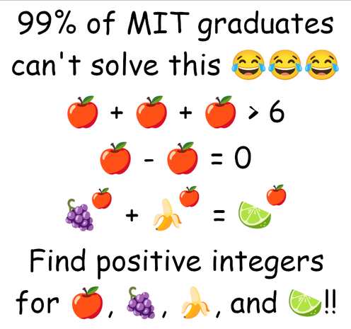 A "fruit math" meme captioned "99% of MIT graduate's can't solve this 😂😂😂". The equation sets up that apple is ≥3, and then sets up an equation with exponents for Fermat's Last Theorem, saying to find positive integers for grape, banana, lime, and apple