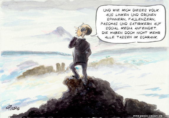 Karikatur "Anfeindungen" aus dem Jahr 2026. Friedrich Merz steht am Rande einer Klippe und telefoniert. Er steht mit dem Rücken zu uns. Vor ihm breitet sich eine wolkenverhangene Landschaft aus. Man sieht vereinzelte Bergspitzen in der Ferne. Merz spricht: Und wie mich diese Volk aus linken und grünen Spinnern, Faulenzern, Paschas und Satirikern auf Social Media anfeindet. Die haben doch nicht mehr alle Tassen im Schrank.