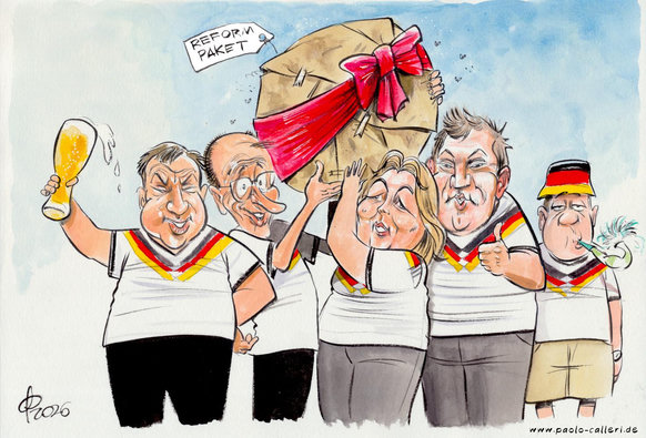 Karikatur "Doch noch ein Sommermärchen?" aus dem Jahr 2026. Söder, Merz, Bas und Klingbeil freuen sich über ein zur Kugel geformtes Paket, das mit einer roten Schlaufe versehen ist. Ein Zettel hängt an dem runden Karton, darauf zu lesen: Reformpaket. Alle tragen sie das W M Trikot der deutschen Nationalmannschaft. Söder schwenkt zudem ein Weißbierglas. Am rechten Bildrand steht eine Person, die wenig enthusiastisch in eine Partytröte bläst. Auch sie trägt ein Deutschlandshirt und eine Mütze in den Deutschlandfarben.