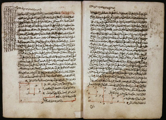 Pages from a 14th-century Arabic copy of the book, showing geometric solutions to two quadratic equations.
A double-page spread from a medieval Arabic manuscript, densely written in black Arabic script with red ink highlighting key terms and headings, and featuring small geometric grid diagrams with numerals in red at the bottom of each page.
https://en.wikipedia.org/wiki/Al-Jabr#/media/File:Bodleian_MS._Huntington_214_roll332_frame36.jpg