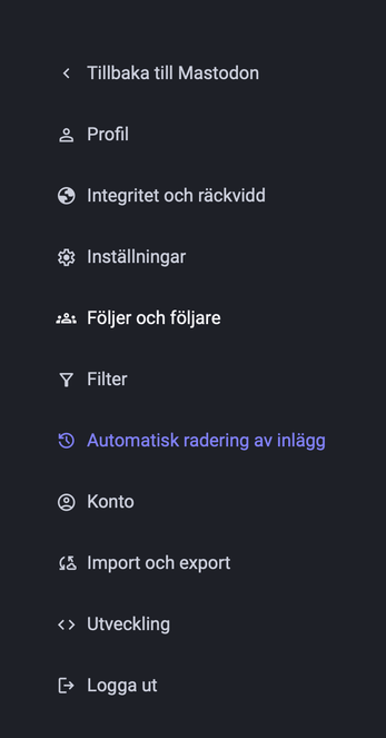 Skärmdump över inställningar i Mastodon. 