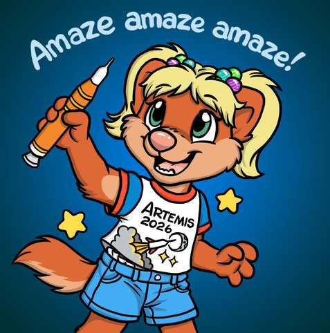Cargie, a weasel girl with blond pigtails, holding a toy rocket and wearing an Artemis 2026 T-shirt with the slogan "Amaze amaze amaze!" 
