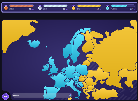 Map of Europe in GeoGuessr. Western and middle Europe are colored platinum, while Eastern Europe is still gold. The top bar shows my medals for Europe, with 30/45 platinum medals.