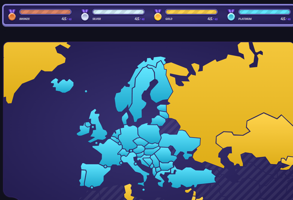 GeoGuessr game map with all playable European countries platinum colored. Above it is a medal list, showing all medals of all colors achieved.