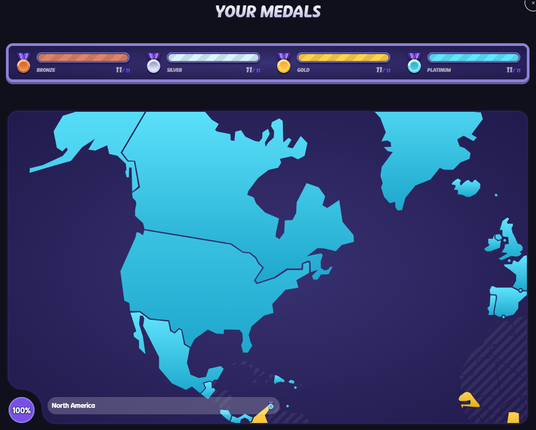 Medals and map for North America. I have collected all the medals, and all the countries are platinum colored.