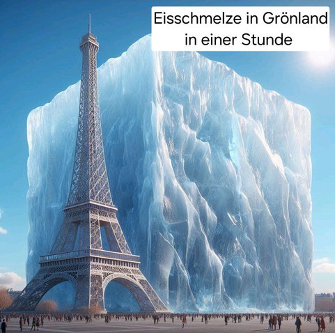 Illustration Pariser eiffelturm neben einem gleich großen Eiswürfel, Eisschmelze in Grönland in einer Stunde