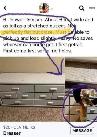 an ad for a dresser on a social media site describing how tall it is compared to their cat