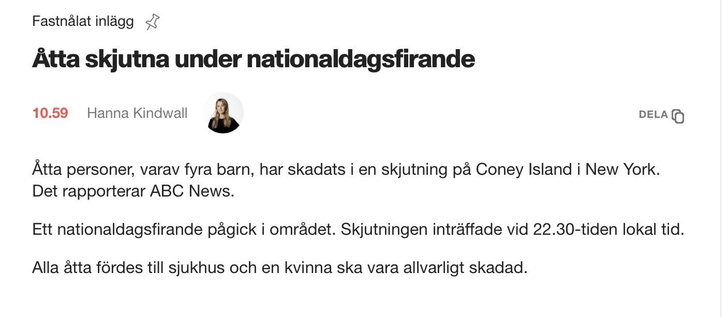 En nyhetsartikel som beskriver en skjutning i Coney Island, New York, där åtta personer, inklusive fyra barn, skadades under en nationell helgdag. Rapporten inkluderar tidpunkten för händelsen och anger att alla offer fördes till sjukhus.