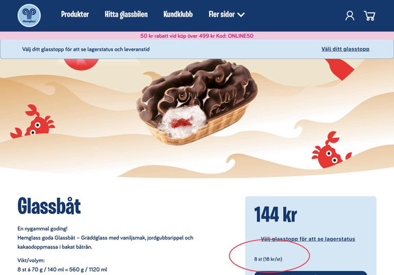 En reklambild för "Glassbåt", en vaniljsmakande glass med jordgubbssirap och chokladöverdrag, presenterad i en båtformad våffelstrut. Produkten finns tillgänglig för 144 kr, och en förpackning med 8 bitar för 18 kr/styck.