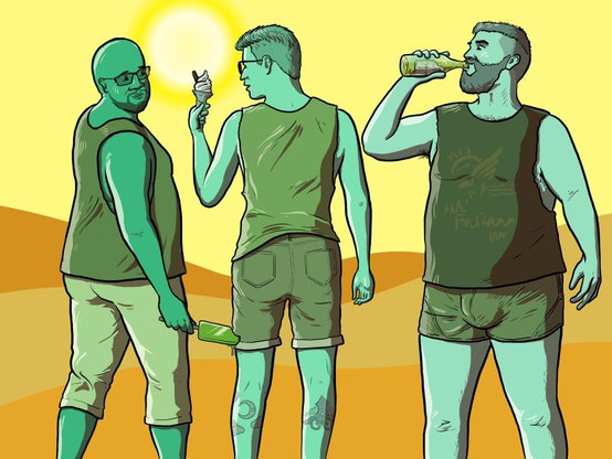 Three sexy guys hanging around in shorts and vest tops, displaying a variety of shapes and sizes of sexy legs framed by shorts. Guy in the middle has tattooed calves, guy on left holds an ice lolly that’s about to drip down the back of them. Guy on right chugs a bar, lifting his arm to show a suggestive glimpse of the side of his tummy/chest through the sleeve of a vest top.
