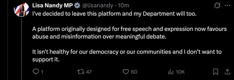 A screenshot of a tweet by Lisa Nandy MP, stating her decision to leave X due to concerns about abuse and misinformation undermining free speech and democracy.