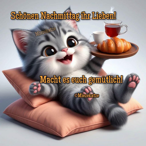 Ein KI-Bild zeigt ein graugetigertes Kätzchen mit dem Rücken auf zwei braune Kissen liegen und auf dem linken Vorderpfötchen ein Tablet mit Hörnchen und einen Saft. Dazu steht:
Schönen Nachmittag ihr Lieben!
Macht es euch gemütlich!
@Miezekatze