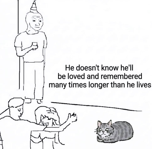 A line-art comic based on the "They Don't Know" meme format. A character wearing a party hat stands alone in a corner holding a cup. In the foreground, two people are kneeling to admire a striped cat resting on the floor. Text in the center reads: "He doesn't know he'll be loved and remembered many times longer than he lives".