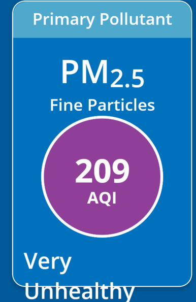 Screenshot of DC area air quality index of 209 (very unhealthy)