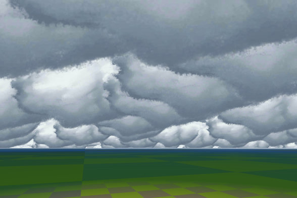 A rendering of a cloudy sky. I tried to get a screenshot of the fade transition, but it's hard to tell from the thumbnail if I nailed it or not. If I did what you'd see is two partially overlapping clouds with individual pixels randomly discarded to do a stochastic blend between them. However, I don't think I caught it in the act, and it's only really obvious when there's a dark patch and a light patch overlapping.