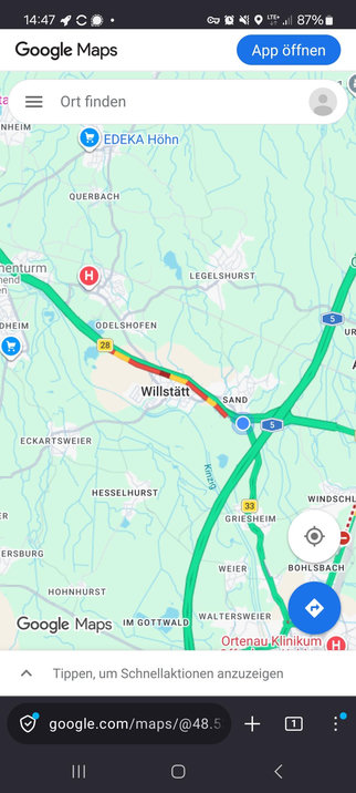 Screenshot der Verkehr-Ansicht in Google Maps bei der Abfahrt von der B 28