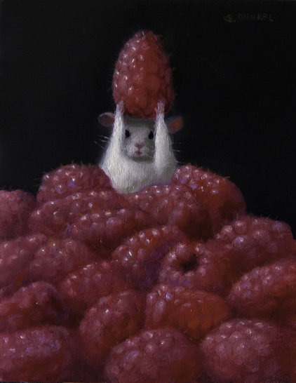 A close-up painting of a tiny white mouse peering over a large mound of bright red raspberries. The mouse is holding a single raspberry balanced directly on top of its head against a solid black background.