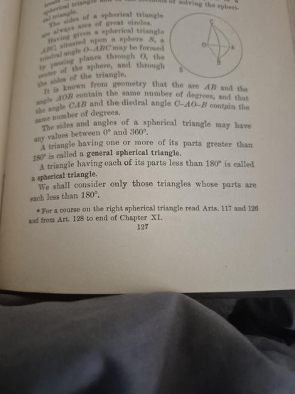 "For a course on the right spherical triangle read Arts. 117 and 126 and from Art. 128 to end of Chapter XI."