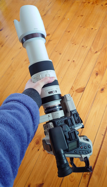 a Sony 70 to 400mm lens on a Canon L1 camcorder. the lens dwarfs the otherwise very large camcorder 