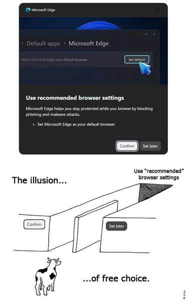 Meme showing Microsoft Edge's message where they suggest to use recommended browser settings. It says: 

"Microsoft Edge helps you stay protected while you browse by blocking phishing and malware attacks. Set Microsoft Edge as your default browser. Confirm/ Set Later"

Below, there's a comic strip from "The Abstruse Goose" showing a cow in front of a gate, with two corridors leading up to it. One reads "confirm" the other "set later".