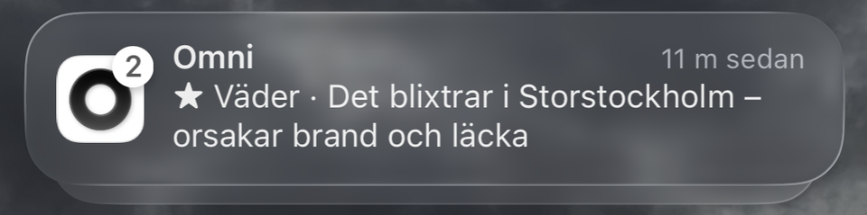 Skärmbild av en notis från Omni:
Omni.        11 m sedan
• Väder • Det blixtrar i Storstockholm -
orsakar brand och läcka