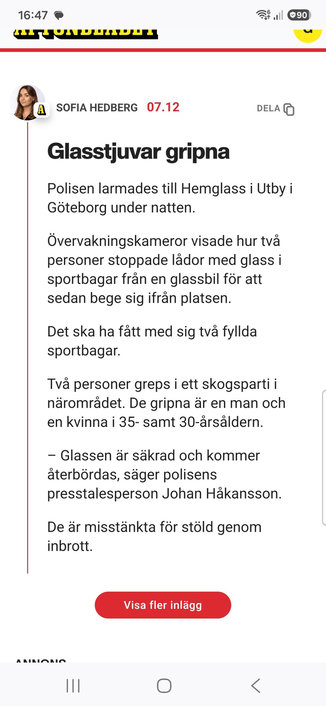 Artikell om gripandet av två personer som hade stulit två väskor med glass från en glassbil