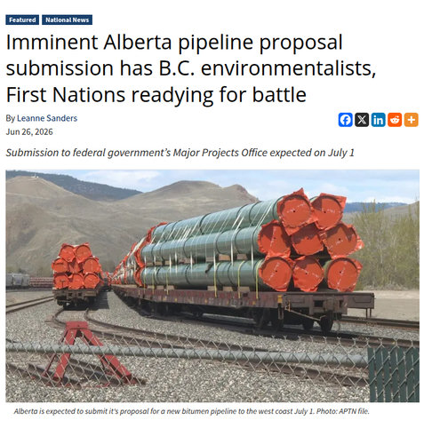 A headline from APTN News, reading "Imminent Alberta pipeline proposal submission has B.C. environmentalists, First Nations readying for battle", with a photo of pipeline parts