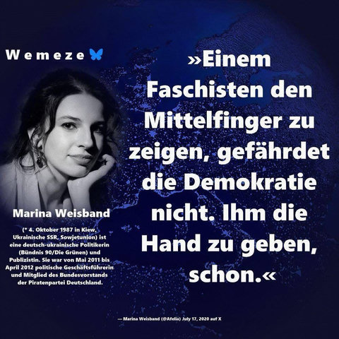 Folgender Text von Marina Weißandt dazu ihr Bild, das ganze gepostet von Wese. Also jetzt der Text: einem Faschisten, den Mittelfinger zu zeigen, gefährdet die Demokratie nicht. Ihm die Hand zu geben, schon.