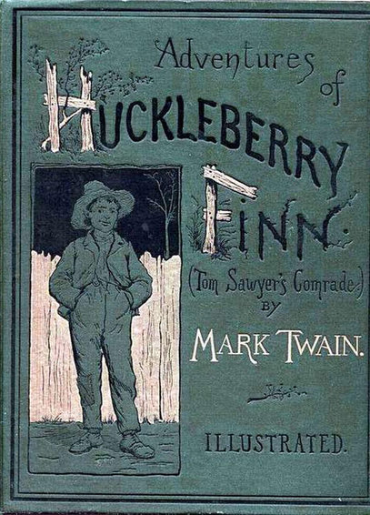 The original 1885 cloth book cover of the first American edition of Adventures of Huckleberry Finn by Mark Twain. The background is dark sage green or teal textile-textured surface bordered by a thin black framing line. A vertical rectangular window on the left side shows an original line drawing by E. W. Kemble. The drawing is a full-body portrait of a young Huckleberry Finn standing with his hands in his pockets, wearing a wide-brimmed straw hat, a buttoned jacket, trousers, and boots against a wooden fence backdrop. In the title the letter "H" in Huckleberry and "F" in Finn are drawn to look like rustic wooden fence posts tied with rope or wire.