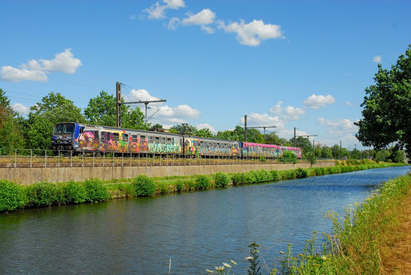 Two completely graffiti covered Z2 trains along a canal. You can barely tell them apart from the bushes behind the line, despite their originally bright silver livery