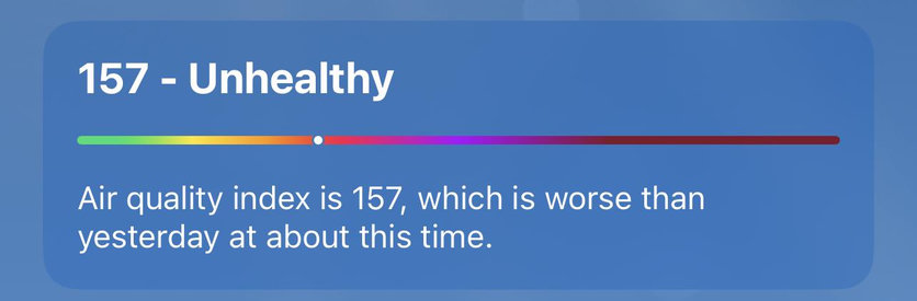 A blue weather-style air quality card displays an Air Quality Index (AQI) of 157, labeled “Unhealthy” in large white text at the top. Beneath it is a horizontal color gradient scale running from green through yellow and orange into red, purple, and dark maroon. A small white indicator dot sits just inside the red section, corresponding to the AQI value. Below the scale, white text reads: “Air quality index is 157, which is worse than yesterday at about this time.” The card has rounded corners and sits against a soft blue background with subtle gradients. 