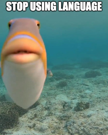 pic of a fish staring at you. top text: stop using language
