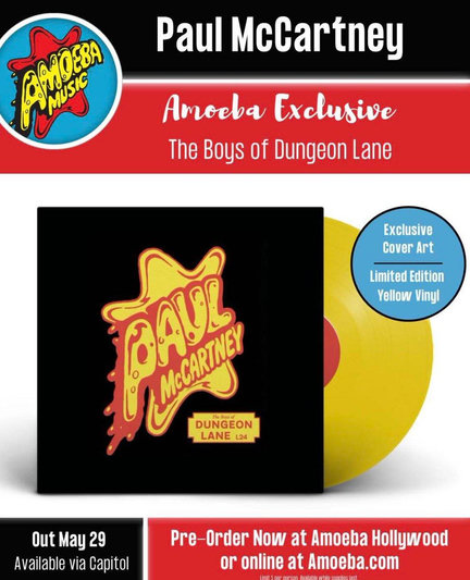 Promo flyer for the Amoeba Records edition of TBODL by Paul Macca. Black album cover with a bright yellow star and typography. And the vinyl is yellow too!