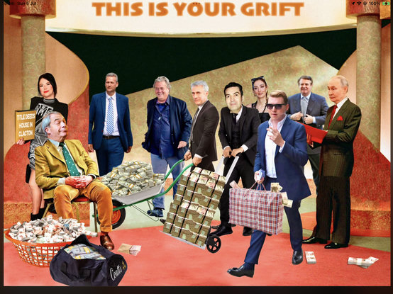 Farage reclines in a mustard suit, beside a laundry basket filled with cash. Behind and in front of him are people with a wheelbarrow of cash, a plastic zipped bag of cash, a luggage trolley laden with bundles of cash, a woman holding a board ‘Title deeds-house in Clacton’, Steve Bannon, Putin, Bannon, Harborne, Cottrell, and one or two other individuals whose names I do not know. Outin holds a red folder.