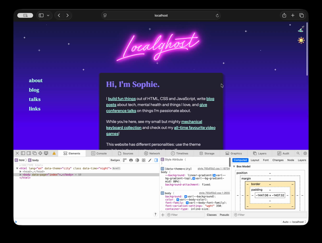 A recording of me scrolling up and down on the development version of my website, showing some horrible black horizontal stripes across the background instead of a continuous gradient. When I turn off "background-attachment: fixed", the gradient looks good.