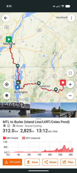 A bike route from Montreal south into Vermont with a fairly flat elevation change/climb line that gets higher toward the end. The y side is numbered 0, 500, 1.0k.