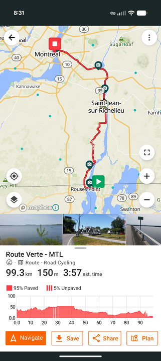 A bike route from Montreal south into Vermont with a middling elevation/climb line that starts higher. The y side is numbered 0, 50, 100.