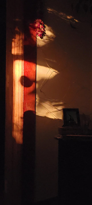 Morning sun, golden on a wall and wooden door frame, a string of dried red flowers is lit by the sun.