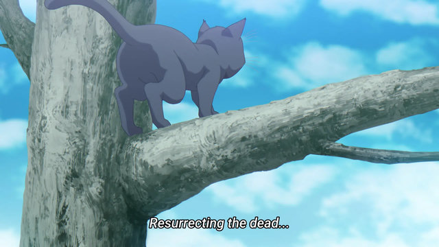 Screenshot of the anime "Kuroneko to Majo no Kyoushitsu", where someone says off-screen: "Resurrecting the dead..."