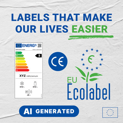 Graphic with the text 'LABELS THAT MAKE OUR LIVES EASIER' on a white textured background. It features three European regulatory labels: an EU Energy Label showing a B rating, a blue CE marking, and the EU Ecolabel logo. At the bottom, a blue button says 'AI GENERATED' next to the European Union flag icon.