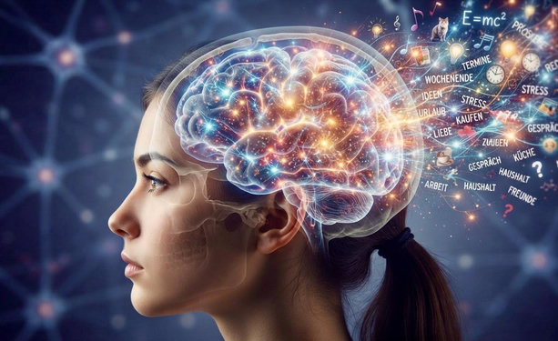 Das Bild zeigt im Profil die Silhouette einer jungen Frau, deren Kopf teilweise transparent dargestellt ist, um das Innere freizugeben. Das Gehirn im Zentrum leuchtet in intensiven Farben und ist von einem Netzwerk aus elektrisch wirkenden Impulsen durchzogen, was eine hohe neuronale Aktivität symbolisiert. Von der Rückseite des Gehirns geht ein heller Lichtstrom aus, der sich in eine Vielzahl von Symbolen, Wörtern und Objekten auflöst, die wie Gedanken aus dem Kopf herausströmen. Unter diesen Darstellungen finden sich Begriffe wie „Termine“, „Ideen“, „Urlaub“, „Arbeit“ und „Haushalt“ sowie Symbole wie Glühbirnen, Uhren, Musiknoten, ein Herz und eine mathematische Formel (E=mc^2). Der Hintergrund ist in dunklen Blautönen gehalten und verstärkt den Kontrast zur leuchtenden Aktivität im Kopf.