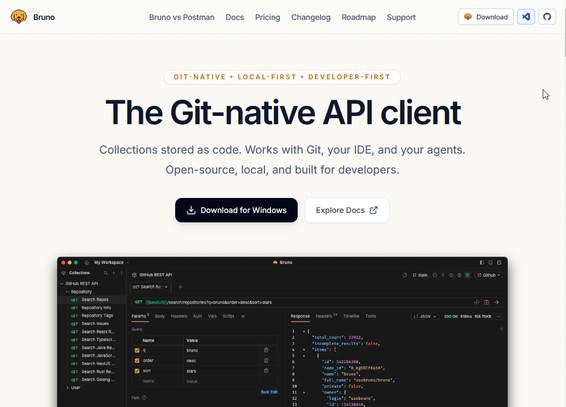 Screenshot from the Bruno homepage that says: "The Git-native API client.
Collections stored as code. Works with Git, your IDE, and your agents.
Open-source, local, and built for developers."