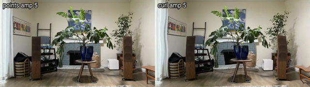 Side-by-side looping videos showing more elaborate animated distortions that can be applied to an image. The left only adjusts control points through lateral movement, the right curls and twirls the regions around the control points.