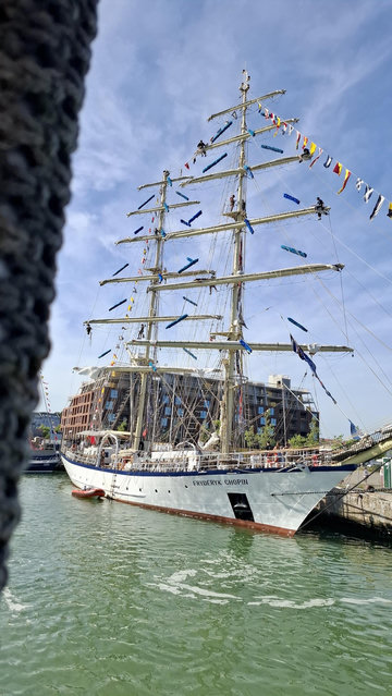 Different ships and angles, same general scene – same alt text as other photos follows; Short version: Sailors on masts. Fuller descriptions: Young sailors dotted around high up on the ropes and riggings and masts of a ship, working on the sails while moored at the Tall Ships Race in Aarhus Denmark (last week). Deep bright blue sky. Coloured bunting on the ships.
