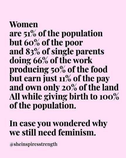 Women
are 51% of the population
but 60% of the poor
and 83% of single parents
doing 66% of the work
producing 50% of the food
but earn just 11% of the pay
and own only 20% of the land
All while giving birth to 100%
of the population.
In case you wondered why
we still need feminism.
@sheinspiresstrength