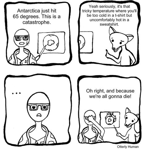 1 Scientist: Antarctica just hit 65 degrees. This is a catastrophe.
2 Me: Yeah seriously, it's that tricky temperature where you'll be too cold in a tshirt but uncomfortably hot with a sweatshirt.
3 Scientist: …
4 Me: Oh right, and because we're all gonna die.