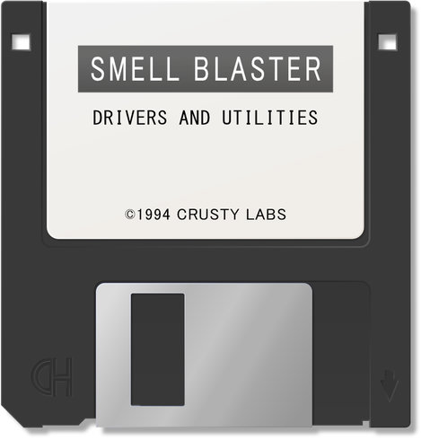 a vector illustration of a high density 3.5" floppy, labelled "Smell Blaster Drivers and Utilities" (C) 1994 Crusty Labs