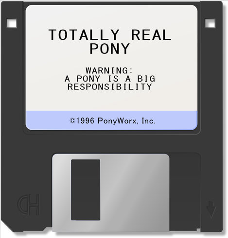 Another disk labelled "Totally Real Pony - Warning: A Pony is a Big Responsibility" (C) 1996 PonyWorx Inc"